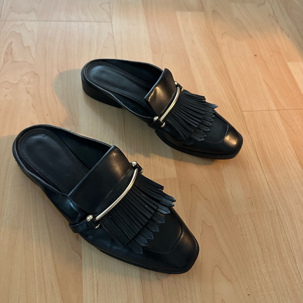 Charles & Keith Black Mules with Fringe Detail